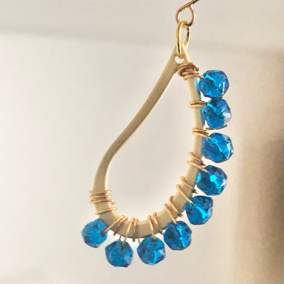 New Hand Beaded Wrapped Wire Teardrop Hoop Dangle One of a Kind Artisan Earrings - Picture 3 of 7